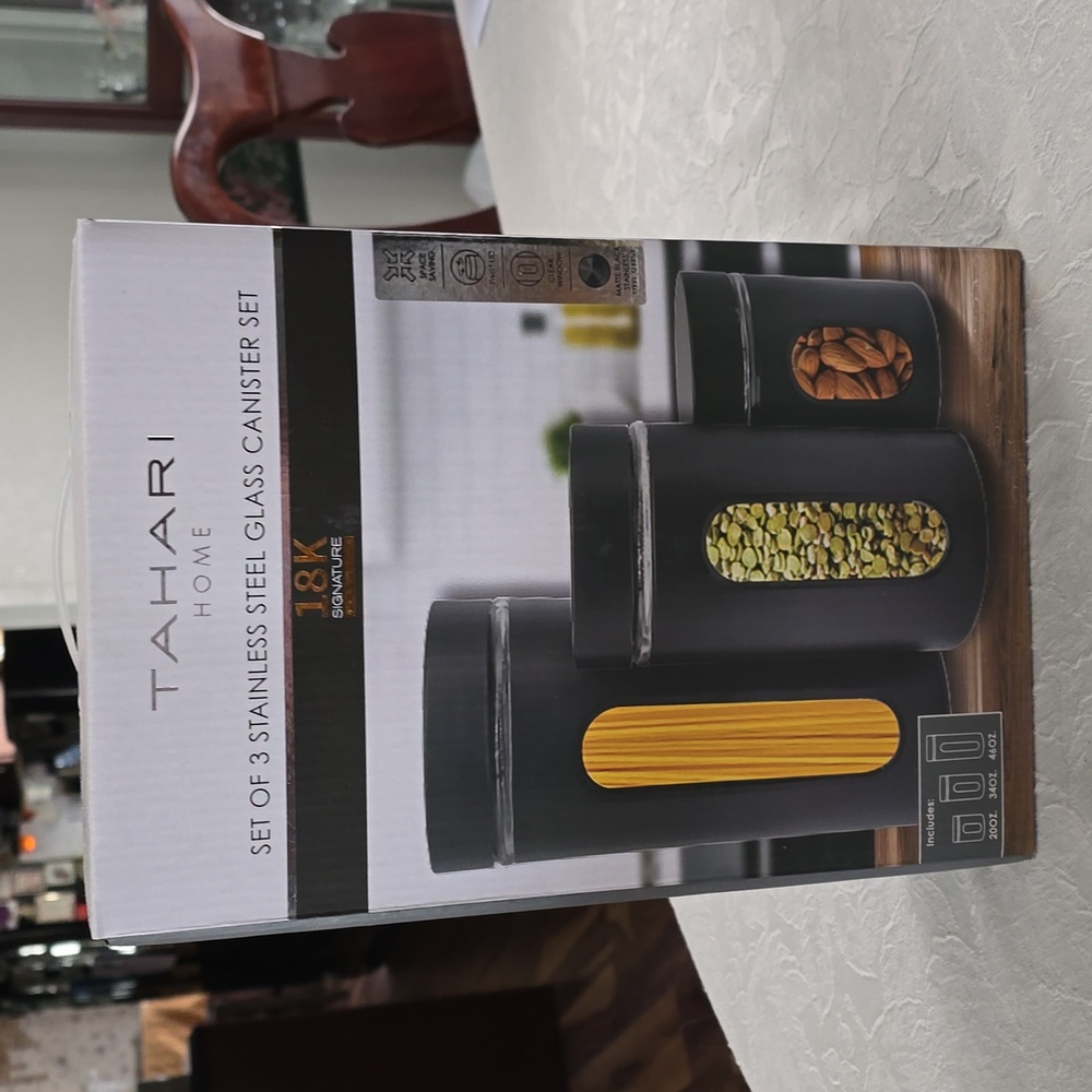 BNIB HOST PICK. Tahari Home Set of 3 Stainless Steel Glass Canister Set